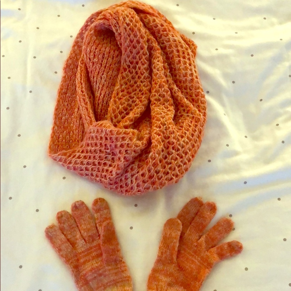 Loft orange woven scarf and gloves